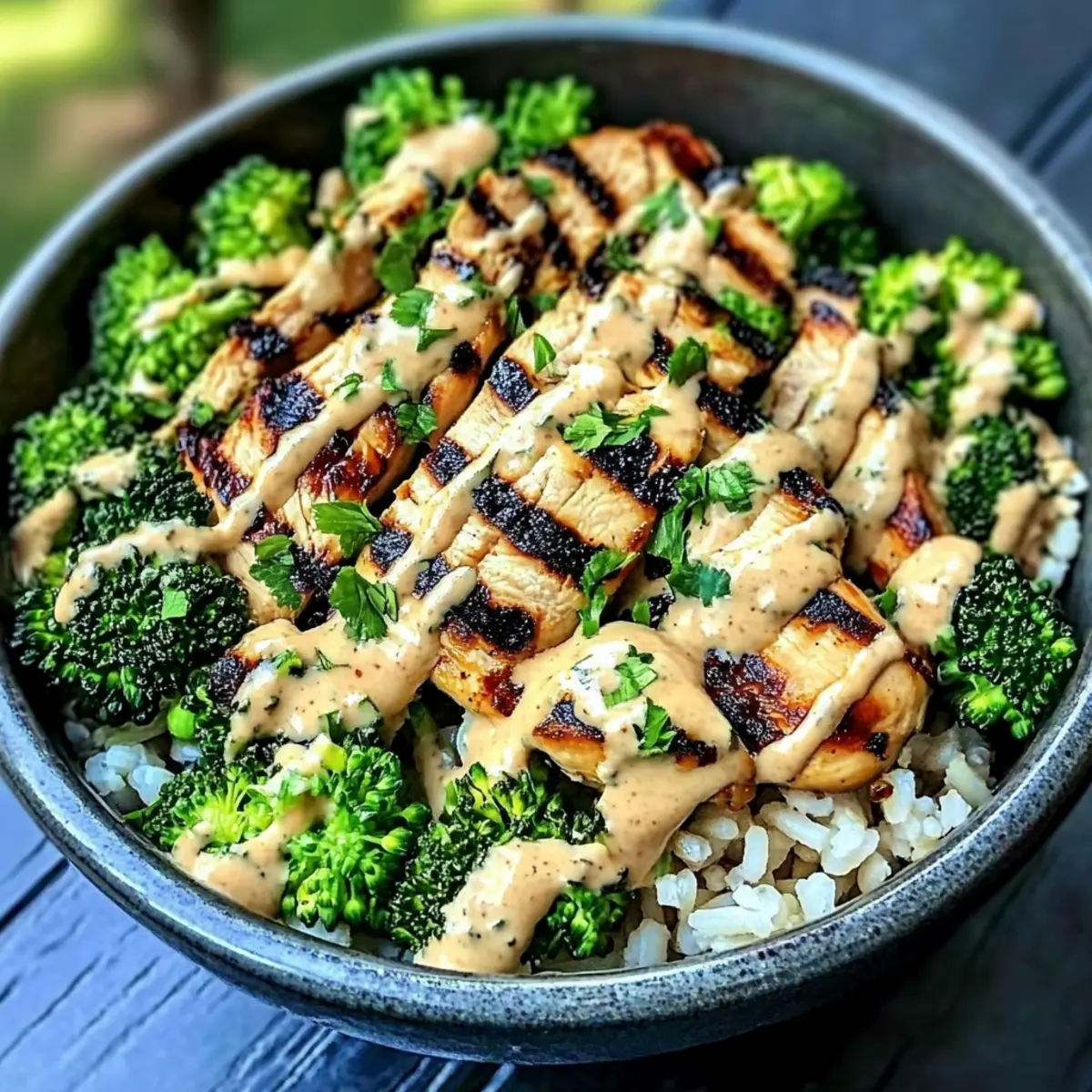 Grilled Chicken & Broccoli Bowls with Creamy Garlic Sauce