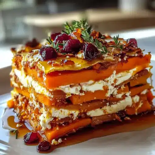 Layered Sweet Potato Lasagna with Feta and Cranberry Glaze