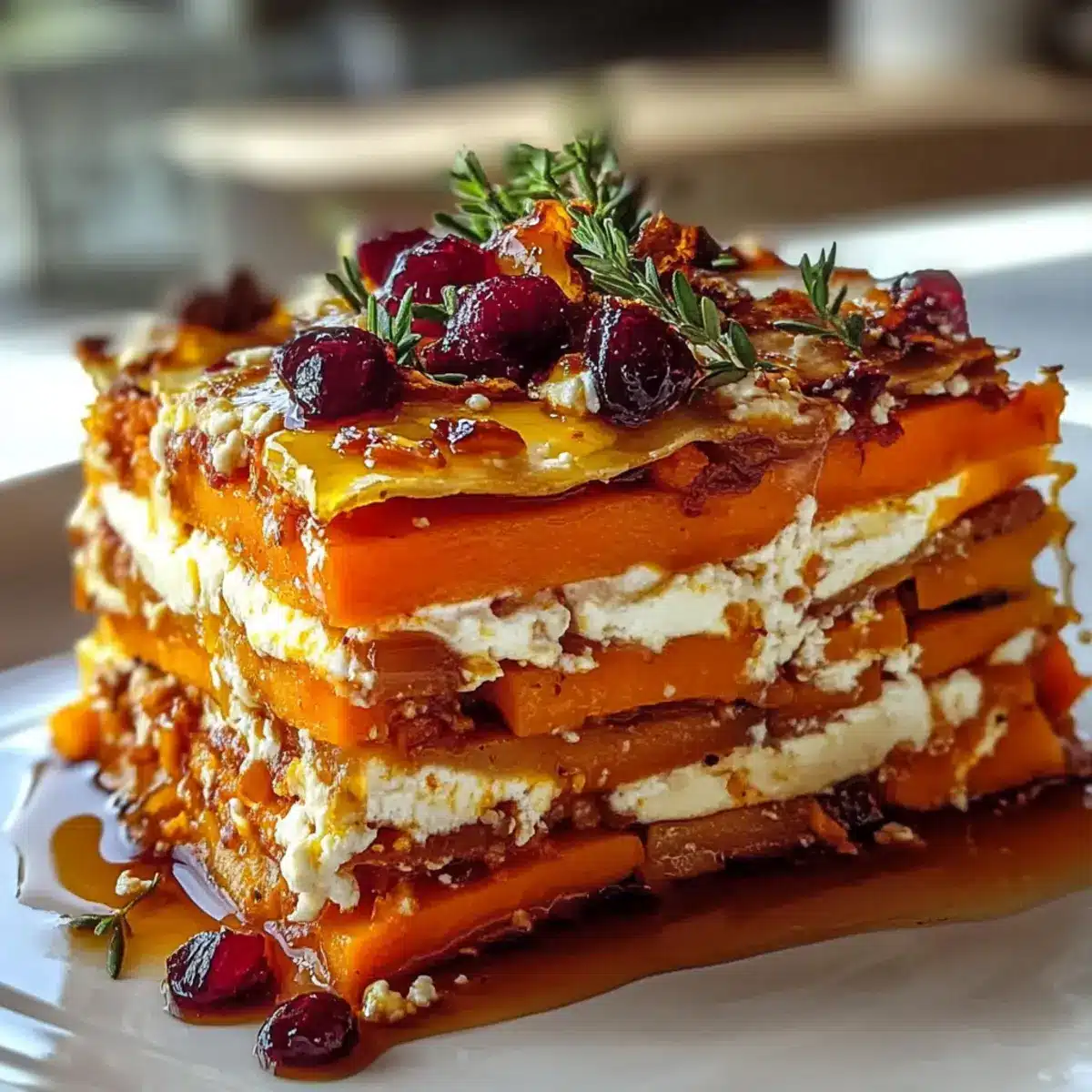 Layered Sweet Potato Lasagna with Feta and Cranberry Glaze