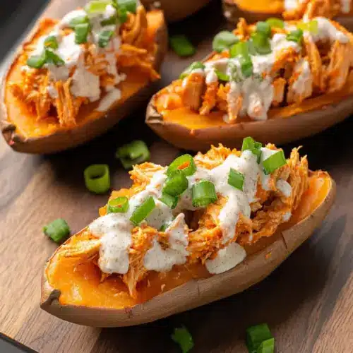 Buffalo Chicken Stuffed Sweet Potatoes